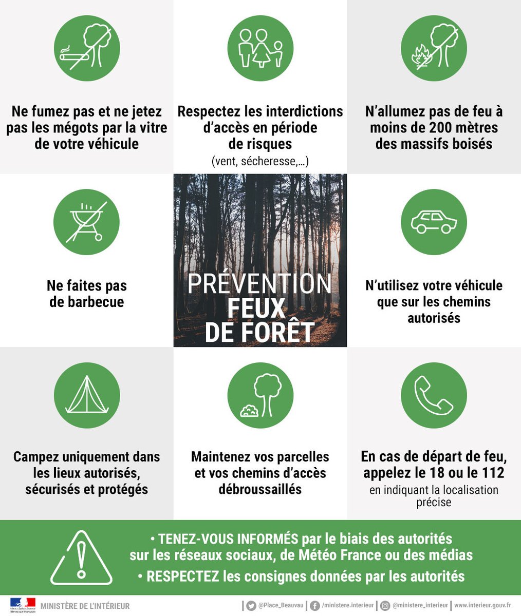 🔥🌲#FeuxDeForêts : la prévention est l'affaire de tous !
⚠️ Signalez tout départ de feu en appelant le 18 ou le 112 ⚠️interieur.gouv.fr/A-votre-servic…