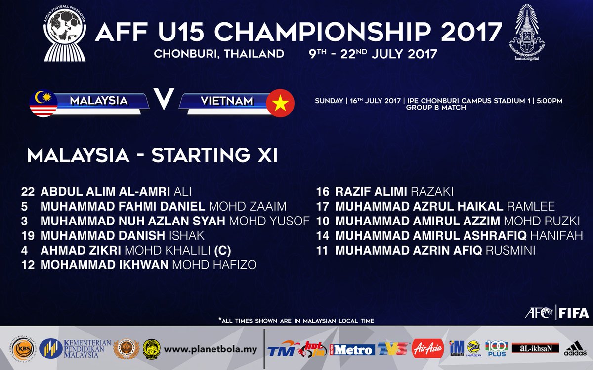 youthfootballmy's tweet image. Kesebelasan utama skuad Malaysia menentang Vietnam dalam perlawanan keempat Kumpulan B, Kejohanan @AFFPresse B-15 2017, jam 5 petang ini.