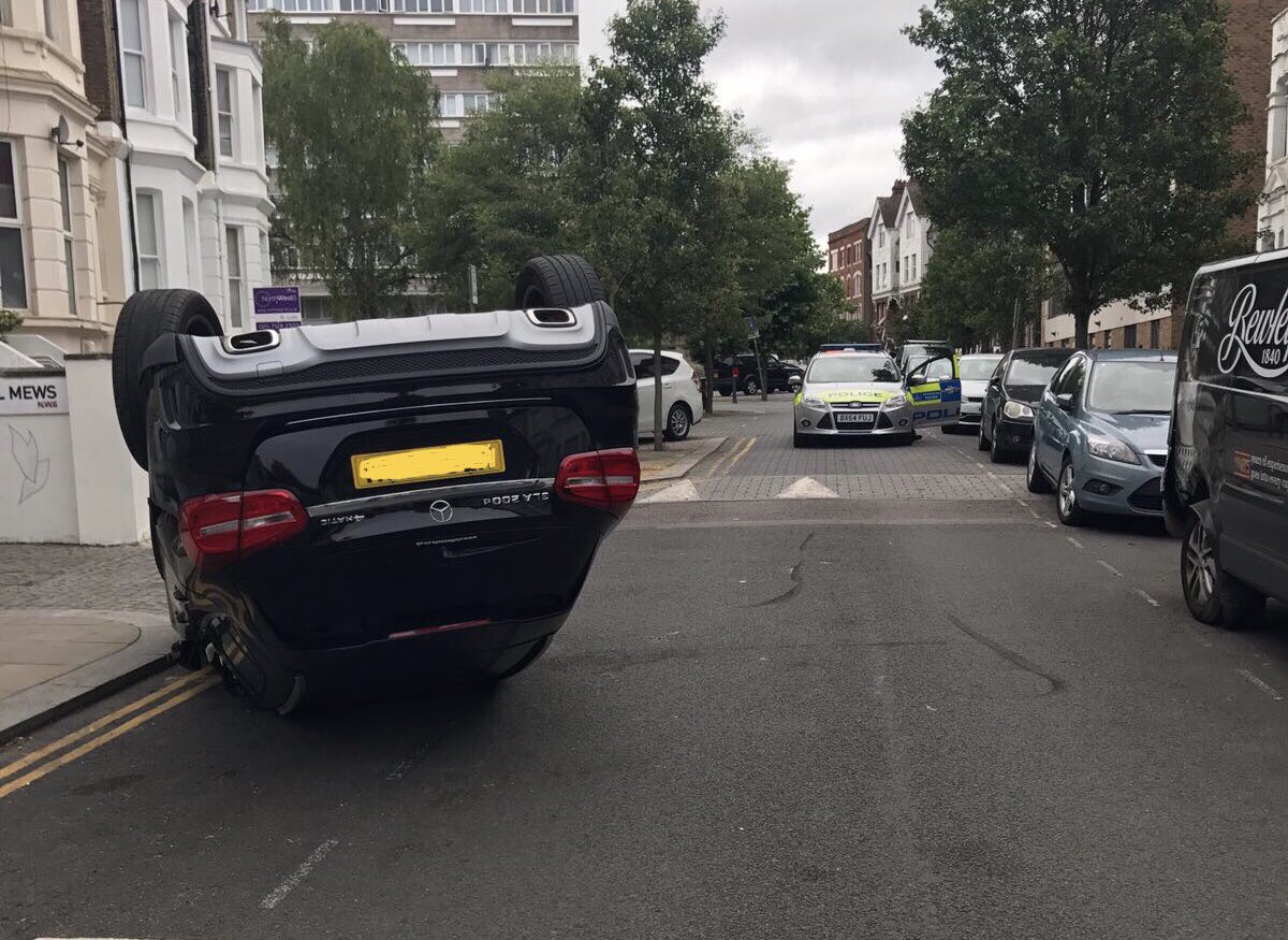 Vehicle found abandoned on Priory Park Road, NW6. If anyone can shed any light on exactly how it ended up on it’s roof, we’d like to know.