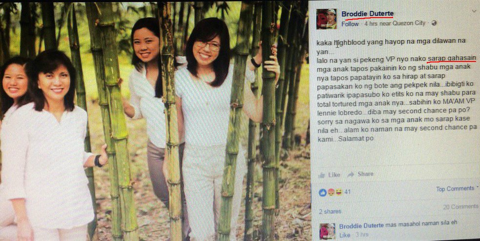 BrujaDelDemonio's tweet photo. @MrFrankBaraan @donthebasher @PunchTheLies @edythe9 @leahnavarro @xpeanutgalleryx @MarionA56n 5) Duterte's affinity for rape jokes is being emulated by his fanatics, like this "Broddie Duterte" who wished rape for VP Leni's daughters: https://t.co/qALVPm73GZ