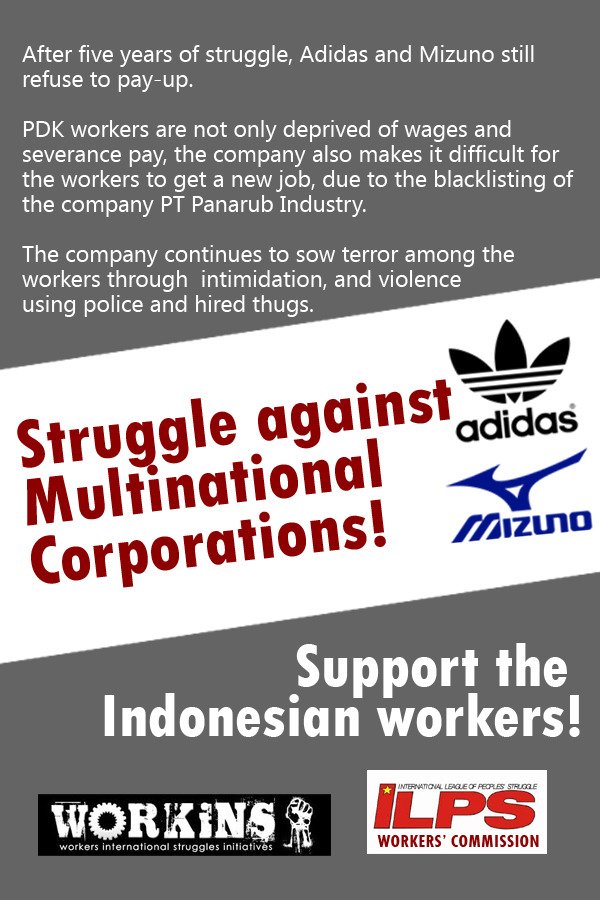 GSBIPusat's tweet photo. Seruan ILPS komisi5&Workins untuk 5th perjuangan buruh PDK. #ImplementILOrecommendation #PUNCHMIZUNO_ADIDAS https://t.co/DG4EY9FnMc