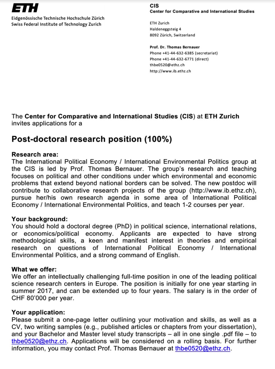 Step Apsa On Twitter Cfa Postdoc Center For Comparative International Studies Cis At Eth Zurich Research Teaching Transborder Environmental Economic Https T Co Irzcoipzpf