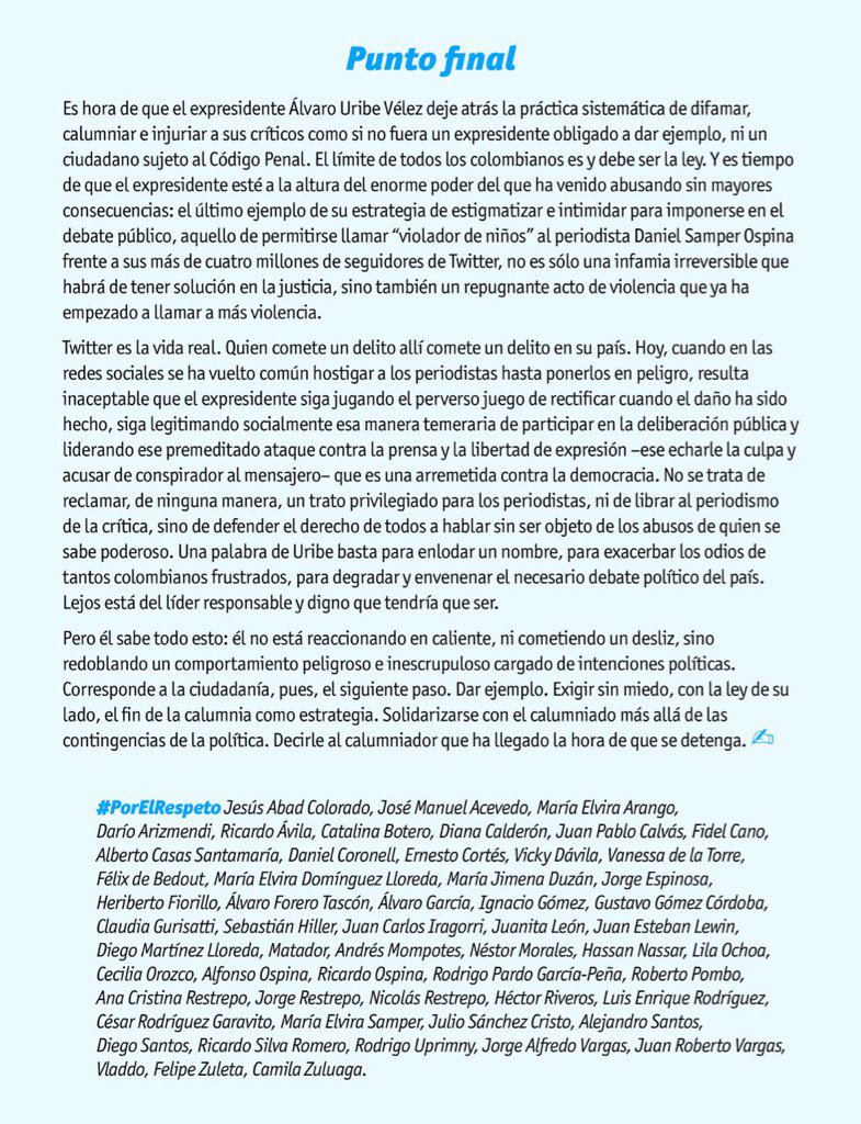 DCoronell's tweet photo. #PorElRespeto Un grupo de periodistas se manifiesta sobre  reciente atropello del ex presidente @AlvaroUribeVel https://t.co/lZ2ChUd1v3