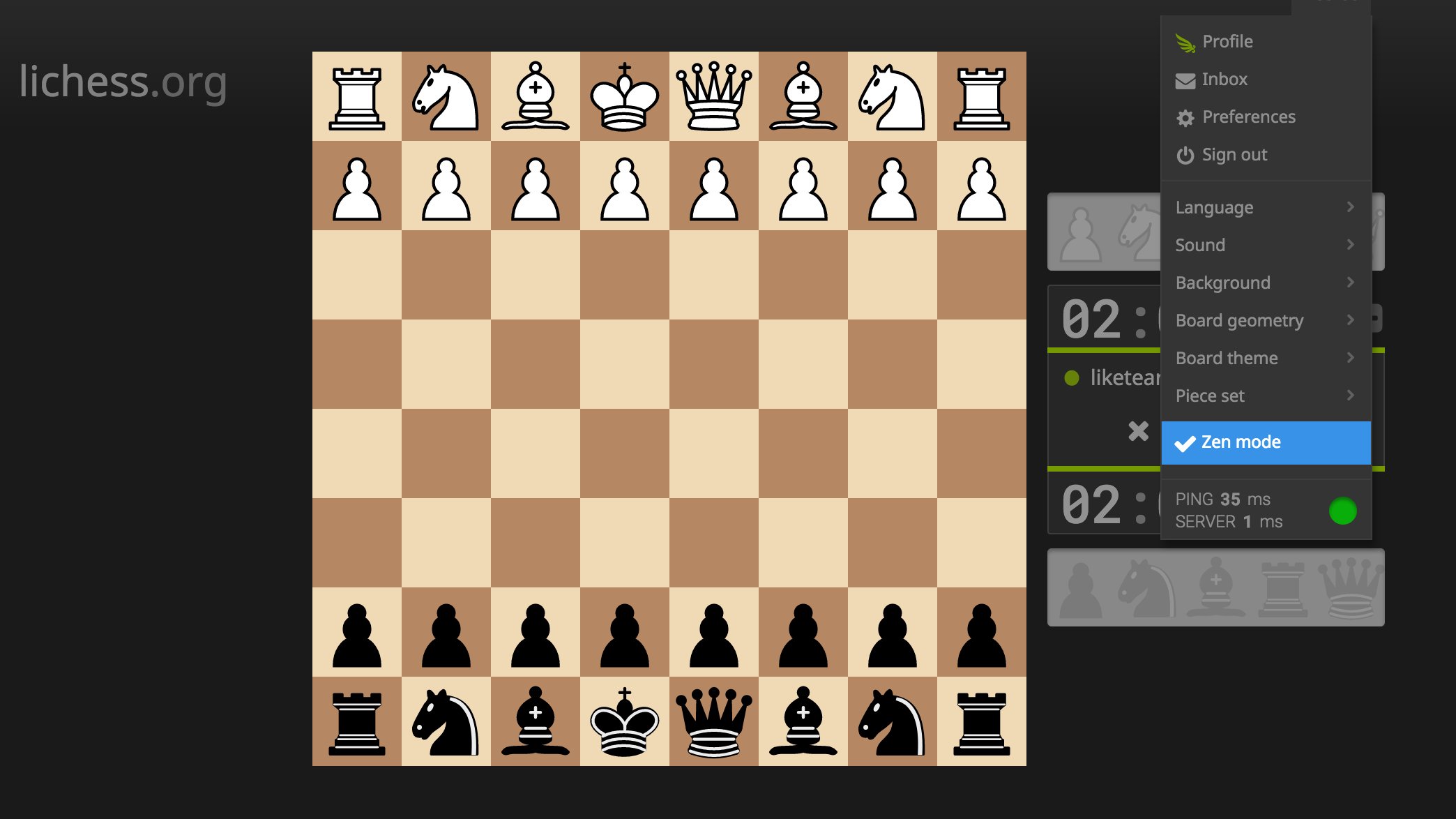 lichess.org on X: New feature: Zen mode hides your opponent's rating, chat  and scoreboard! Toggle Zen mode in your profile menu while playing.   / X