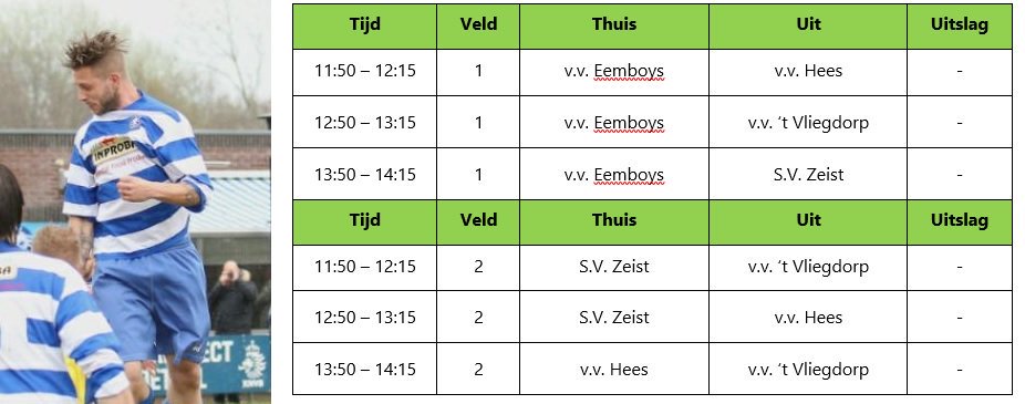 Op zaterdag 19 augustus nemen we deel aan het Jan van Rees Toernooi bij SEC. Tegenstanders: 't Vliegdorp, sv Zeist en Hees.

👇 Speelschema ⚽