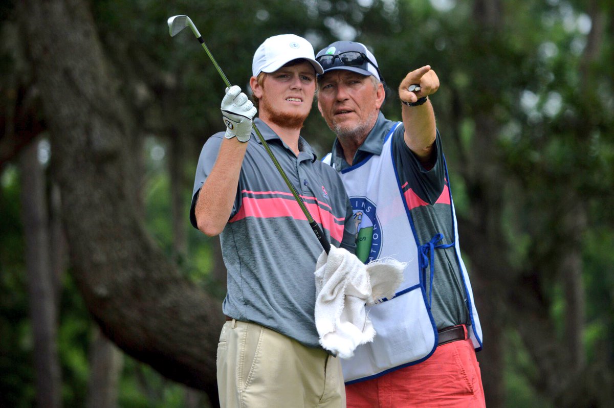 CGAgolf1909's tweet photo. RJ Keur &amp; his dad are wearing @TheCarolinaClub apparel, site of his first CGA win at #SCAmMatchPlay last month. He leads #CarolinasAm by 9. https://t.co/5FjTDpw83U