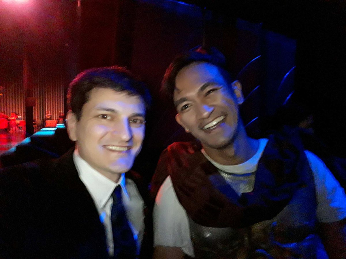 kuyamanzano's tweet image. With musician and performer Onyl Torres for Solaire Theater show of Repertory Philippines' 50th Anniv #rep50 #theaterlife #actorslife