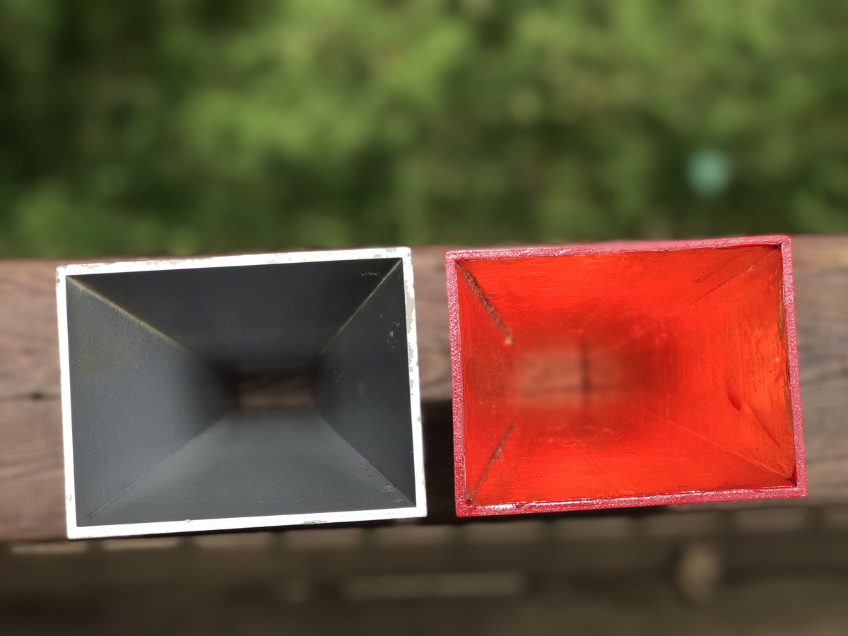ibelings's tweet photo. Gave up on toxic metal paint 4 today. 3D printed horn w/ Cu tape &amp; gain is very close to solid horn, but higher Fc. Next try electroplating. https://t.co/n1X30Ymlq8