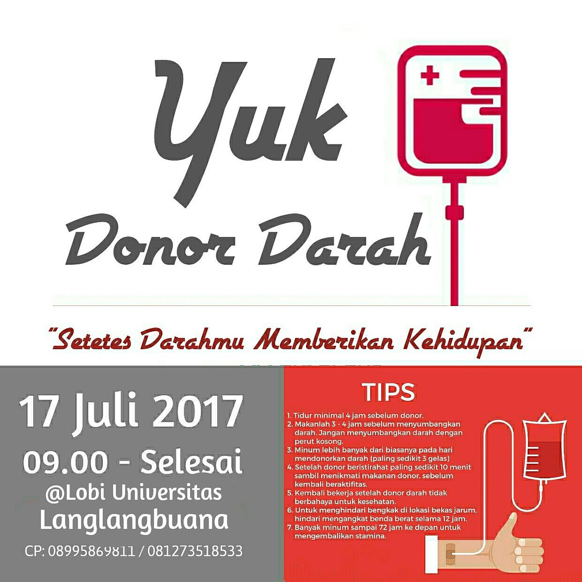 Insya Allah LDK IKMA UNLA akan mengadakan Donor darah, Ayo gabung ikhwah fillah 😊
<a href="/bloodforothers/">BFO</a> <a href="/PMIBandung/">PMI Bandung</a> <a href="/DonDarBDG/">Komunitas Donor Darah Bandung</a> <a href="/Blood4LifeID/">BFL INDONESIA</a>