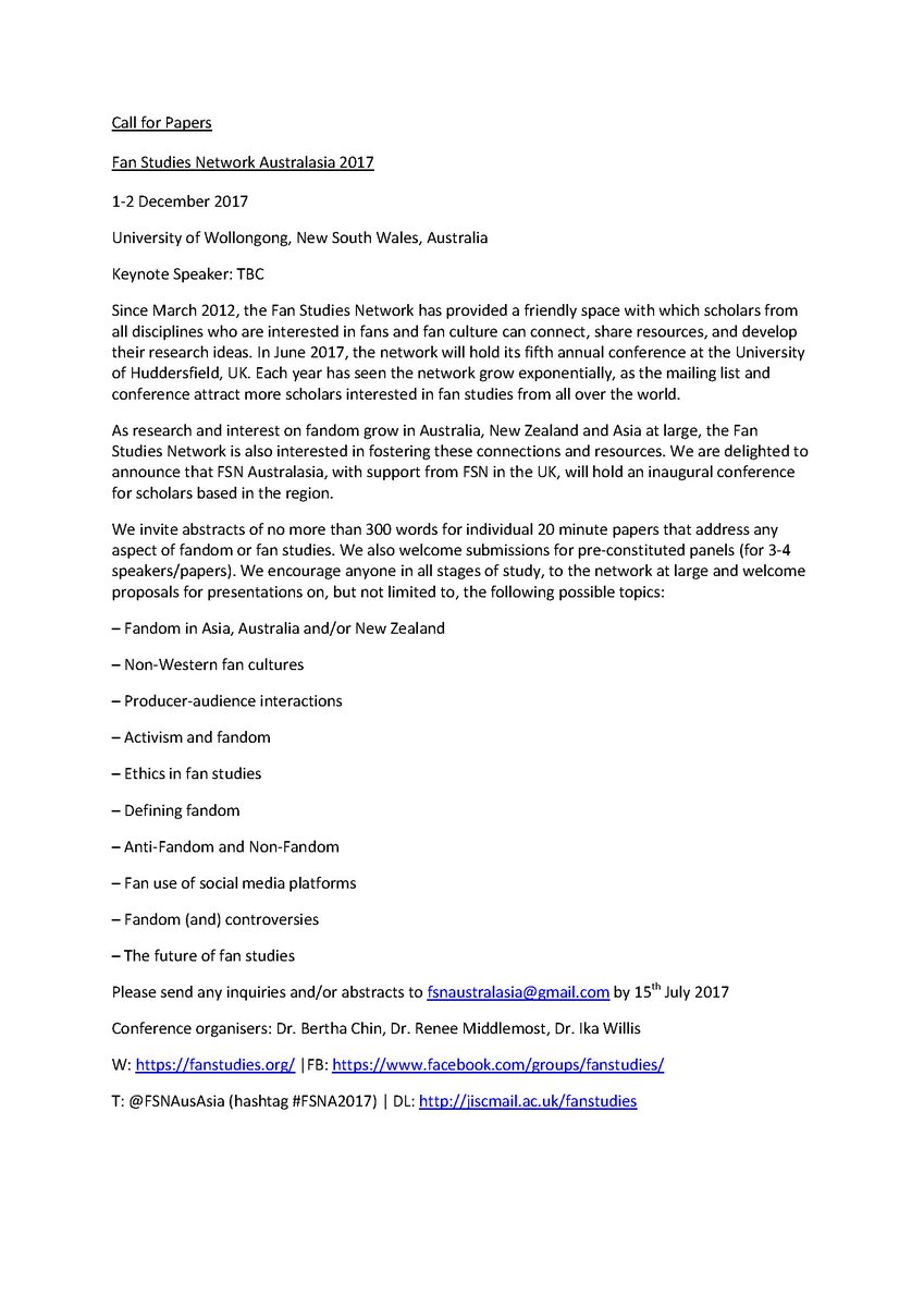 FSNAusAsia's tweet image. #FSNA2017 inaugural conference ft a keynote by @mat_hills in @UOW 30/11-1/12 CfP deadline extended to 25/8! #fanstudies #FSN #FSNInAustralia