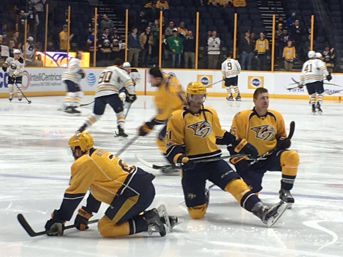 PredsSigns's tweet photo. For your hockey viewing enjoyment, a post that is not about Game of Thrones. #SeasonThrowback #stretching #warmup @ABitetto7 #Watson #McLeod https://t.co/TGXboDR8AI
