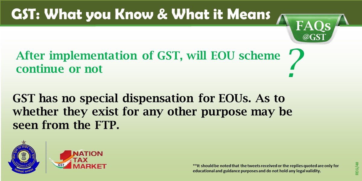 askGST_GoI's tweet image. GST FAQ on EOU Scheme - 1 #getGSTready #GSTBoostforBiz #GSTFAQs #GSTSimplified