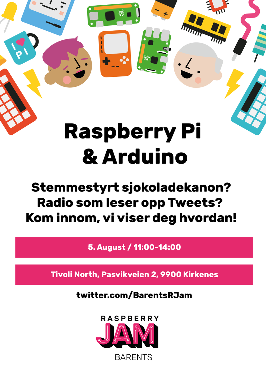 BarentsRJam's tweet photo. Har du alltid hatt lyst til å prøve Raspberry Pi/Arduino, men aldri kommet i gang? Kom innom Tivoli North 5 august, så viser vi deg hvordan! https://t.co/K16rM0iDgI