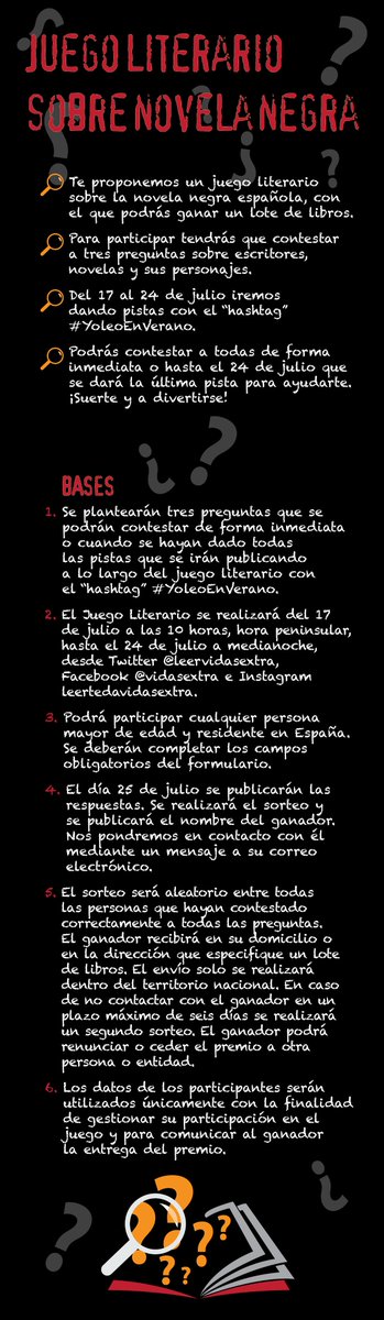 leervidasextra's tweet photo. Proponemos un juego literario sobre novela negra. ¡Podrás ganar un lote de libros!👉https://t.co/oaeRFFXeNN #YoLeoEnVerano #vidasextra https://t.co/OAcg3vDhzm