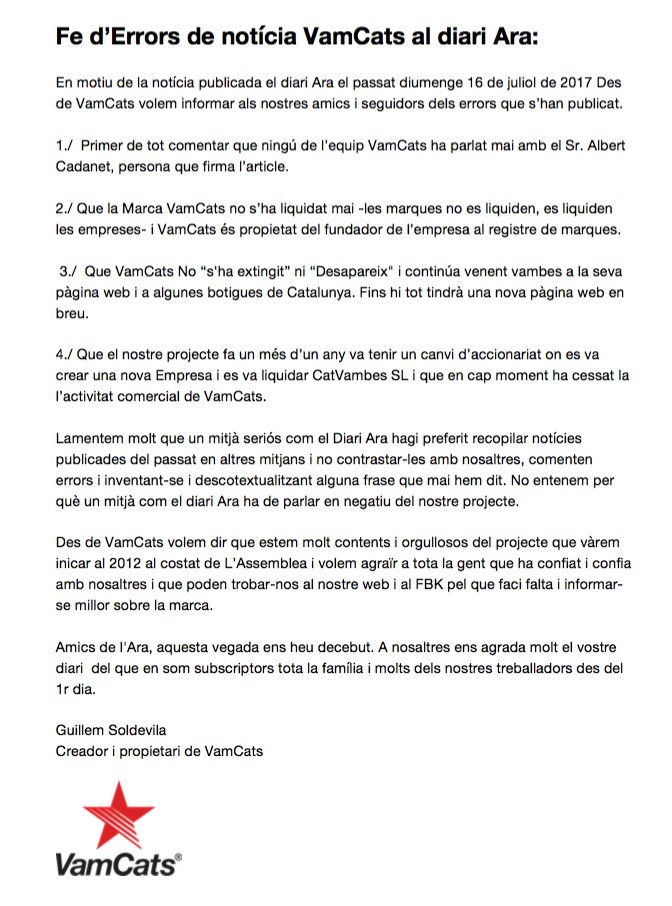 vamcats's tweet photo. Fe d'errors de la notícia de #VamCats al @DiariAra @ARAeconomia @ARAemprenem. Esperem que rectifiqueu la publicació. https://t.co/awf0afFSt8