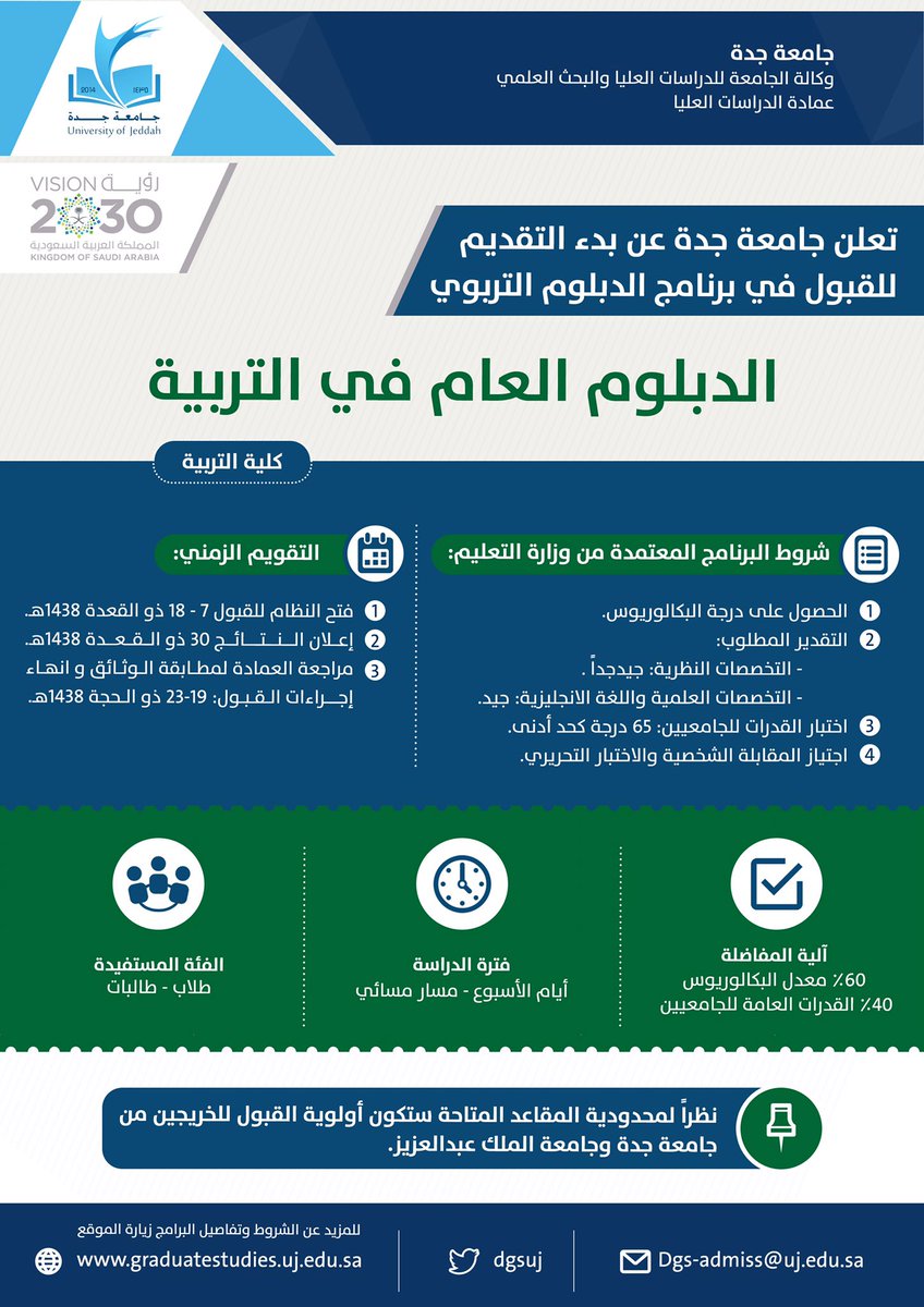 #جامعة_جدة تعلن عن تفاصيل ومواعيد التقديم في الدبلوم التربوي للعام الدراسي 1438/1439.
uj.edu.sa/content.aspx?S…