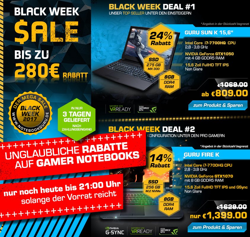 NotebookguruDE's tweet photo. Nur noch HEUTE mega Rabatte von bis zu 280€ auf unserer Gamer Notebooks abgreifen. https://t.co/maQ9BBJqcA
#Notebooks #Deals #Kabylake https://t.co/8fLwzibP1M