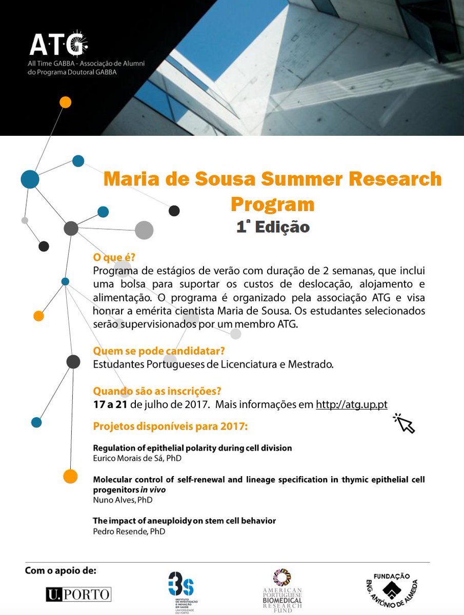 1st edition of 'Maria de Sousa Summer Research Program': 3 fellowships for 3 projects at i3S. Applications 21-25 Jul.
#i3Sedu #ATG #GABBA