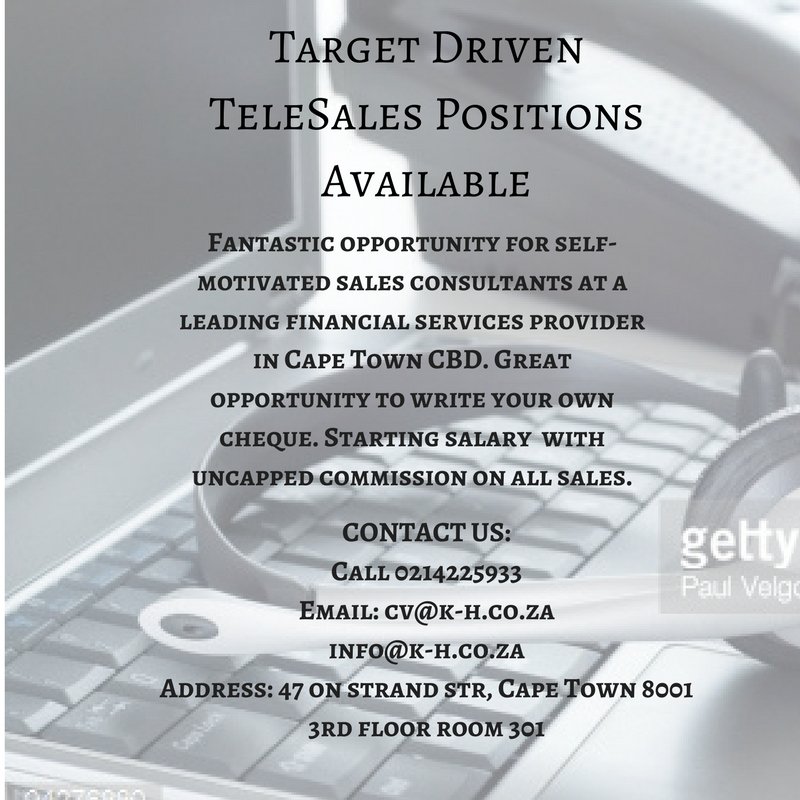 CallCentreCpt's tweet photo. Target-Driven sales consultant positions available in Cape Town CBD https://t.co/8RVVrvlVpW
#JOBS
#CAPETOWN
#UNCAPPEDCOMMISSION https://t.co/PbyBqupQMD
