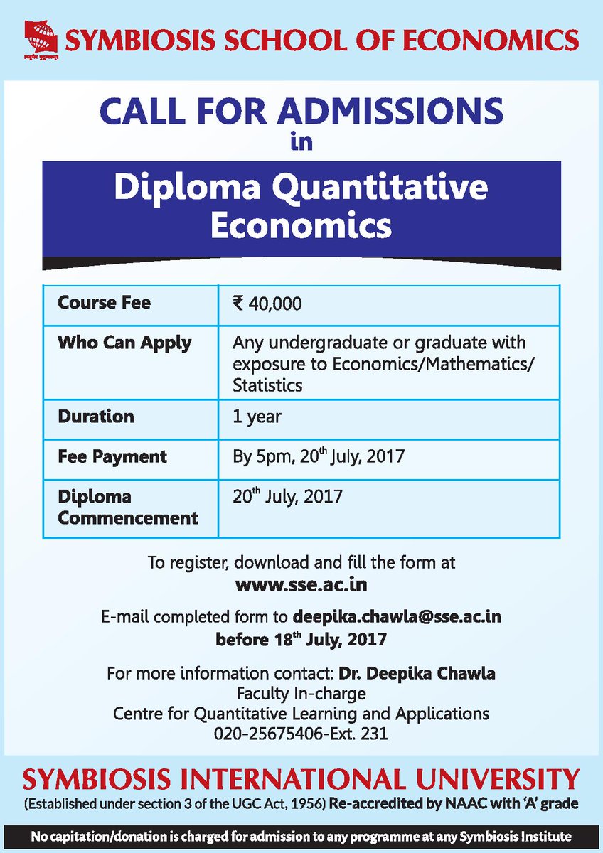 SSE_Symbiosis's tweet image. Date extended! Last chance to apply for 1yr #Diploma in #QuantitativeEconomics @ #SSE. Apply via mail.Visit sse.ac.in for info