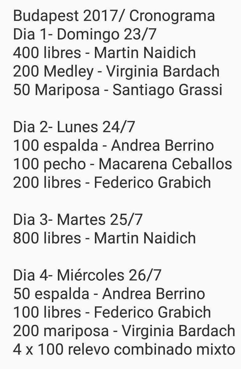 #Natación. #Budapest17 Cronograma de competencia de los argentinos. <a href="/giselaevallone/">Gisela Vallone</a>