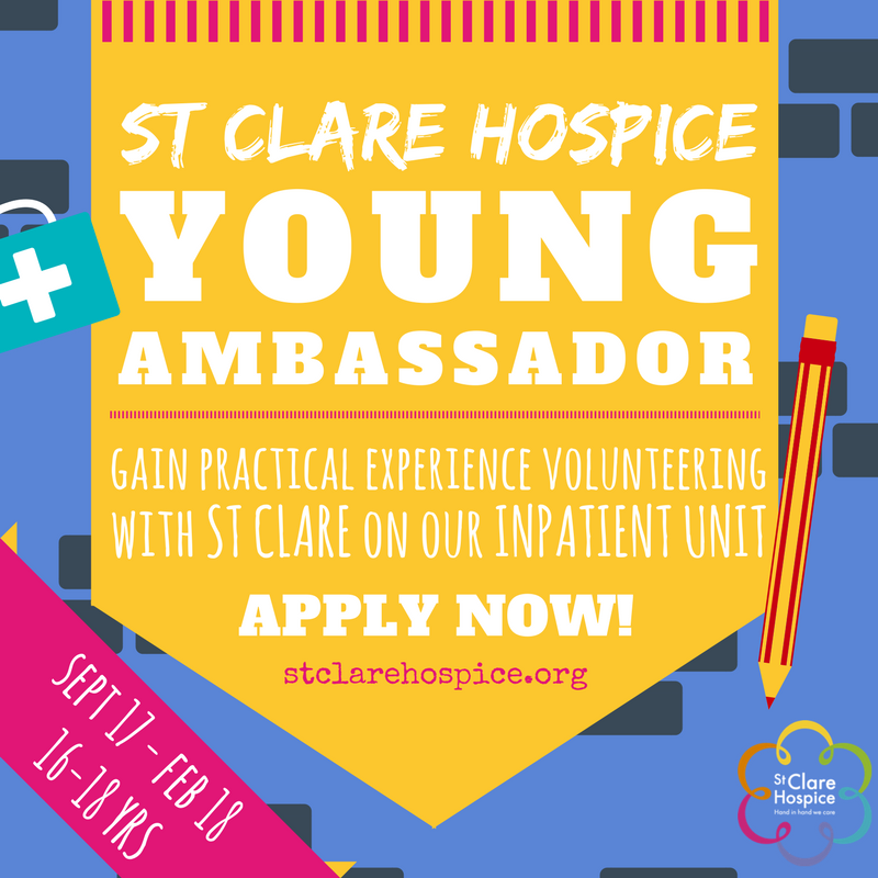hospicestclare's tweet photo. 1 week to apply for our amazing Young Ambassadors opportunity! Aged 16 - 18 and interested in a healthcare career? > https://t.co/TRF0JGaweS https://t.co/fl6kE80xLk