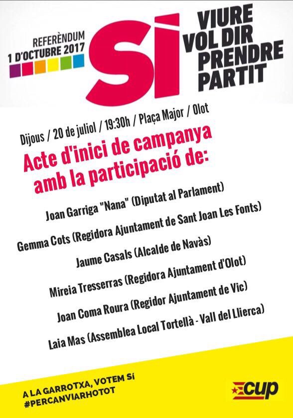 CUPOlot's tweet image. ACTE | Aquest dijous a #Olot presentem la campanya "Viure vol dir prendre partit", a les 19:30h a Pl. Major #referèndumCat #PerCanviarhoTot