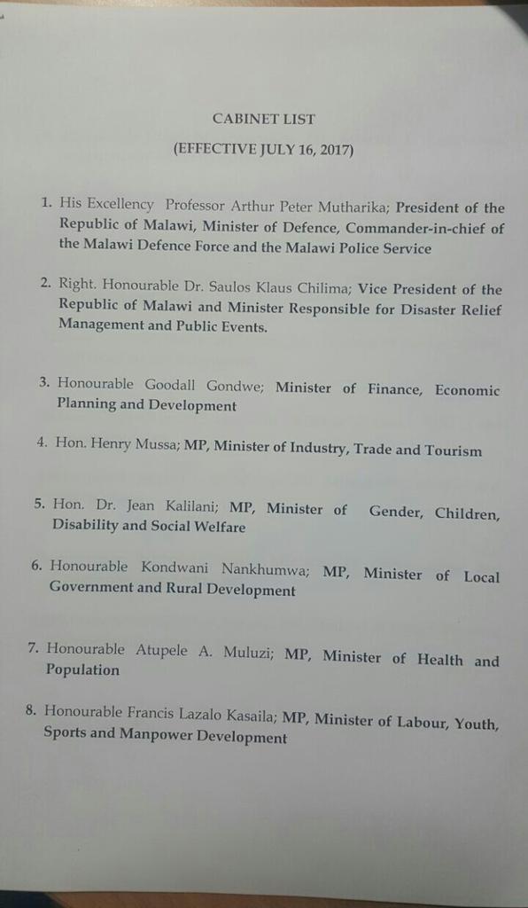 Malawi Government On Twitter New Cabinet List Malawi