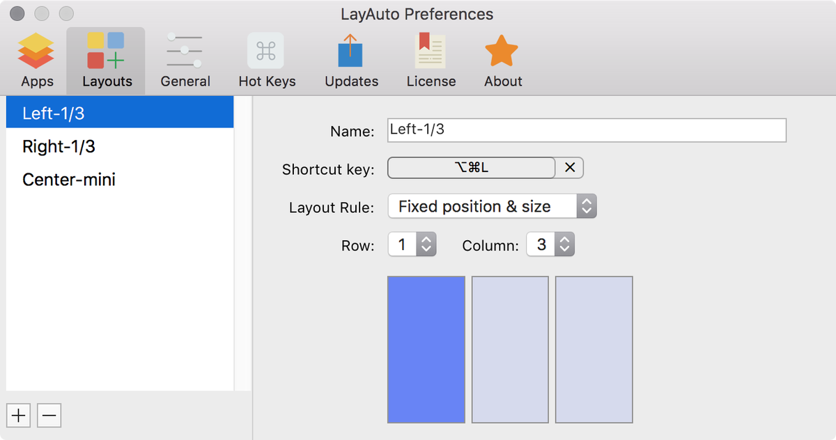 New Version(1.3.0) Released!
Custom layout with keyboard shortcuts and menu bar.
Auto layout toggle.
Multi-displays has separate layout rule