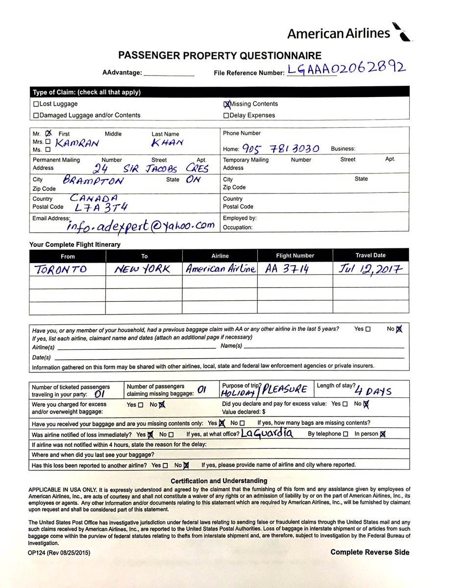 american airlines baggage claim form