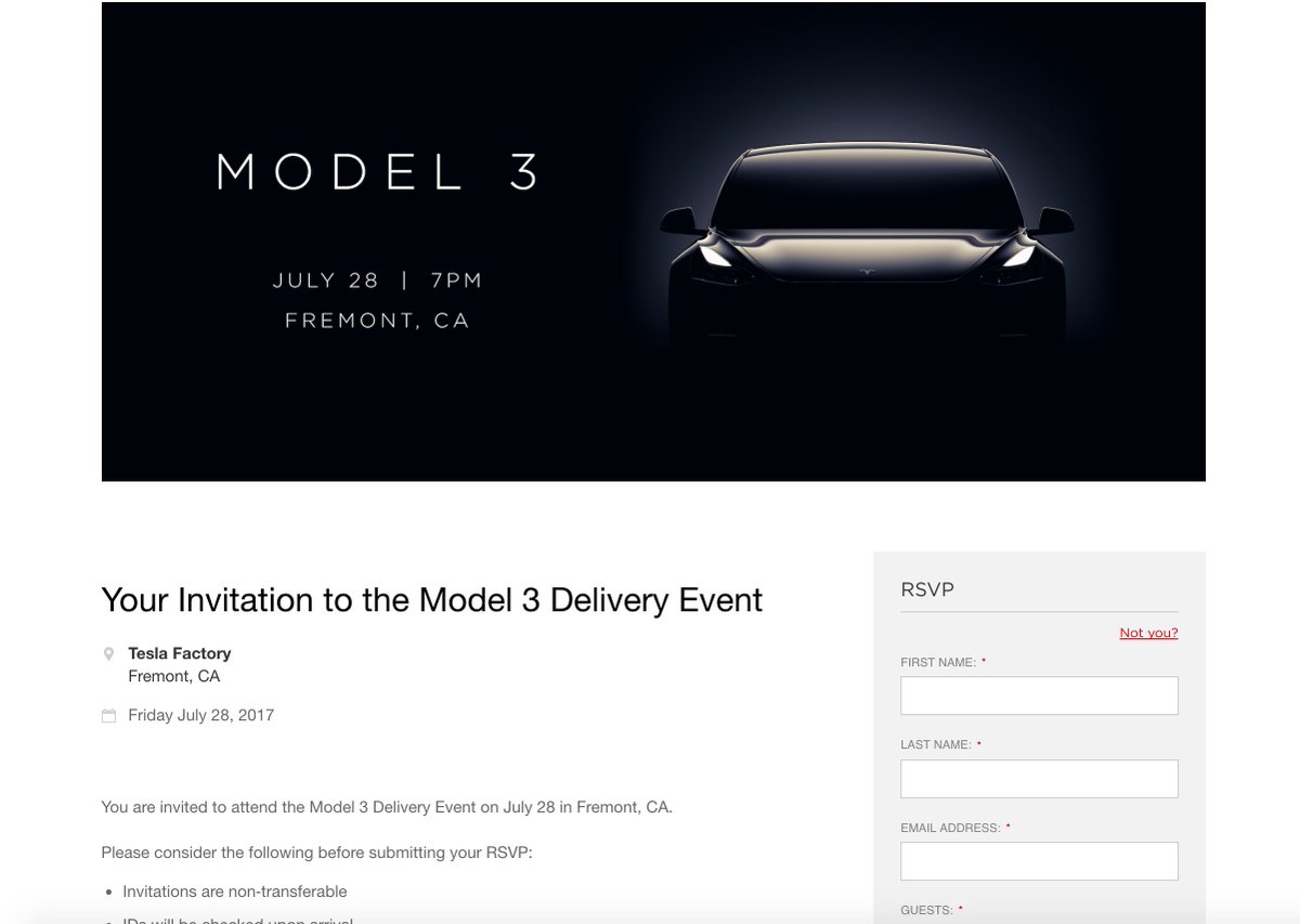 Tesla Model 3 delivery event: Fremont factory, 7pm (PT) on July 28, Musk to present at 9pm teslarati.com/teslas-model-3…