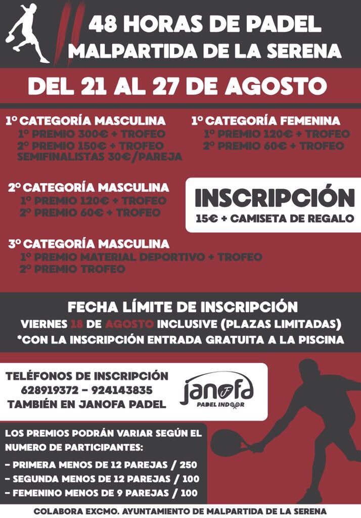 Abierto el plazo de inscripciones para las 48h de padel de Malpartida de la Serena.