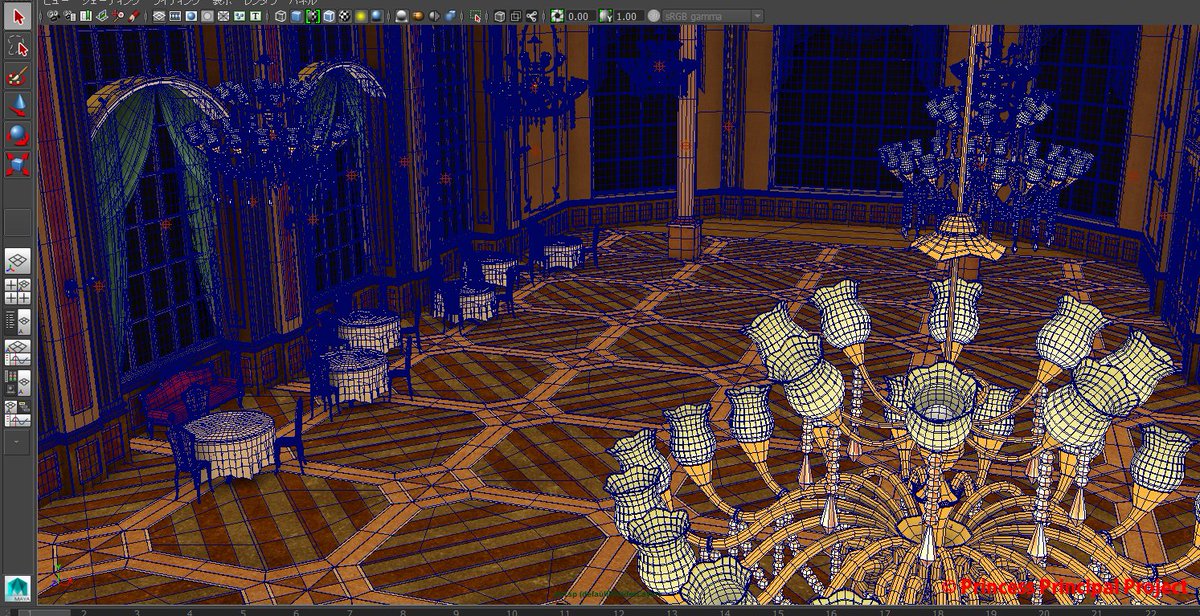 遠藤誠 プリンセス プリンシパル ２話 ３ｄ メイキング 実は一話以上に重要な３ｄパートになります ボールルームが全部３ｄレイアウト切られてます ｂｇも一部フル３ｄです 画像はｍａｙａ上のリアルタイムプレビューです