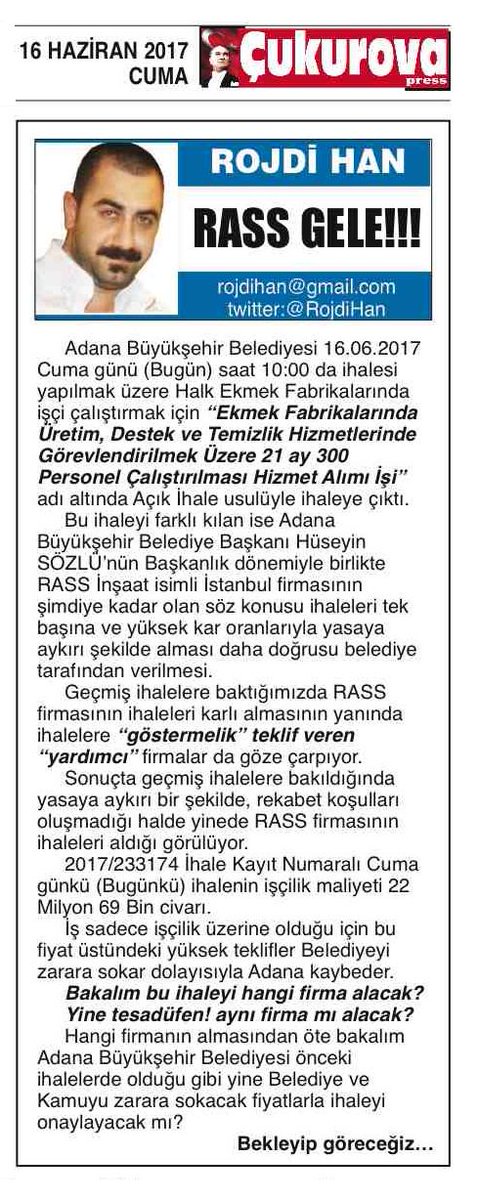 16 Haziran 2017 Tarihli <a href="/cukurovapress01/">çukurova press</a> Gazetesindeki Yazım
"RASS GELE!!!"
goo.gl/mRfzoG