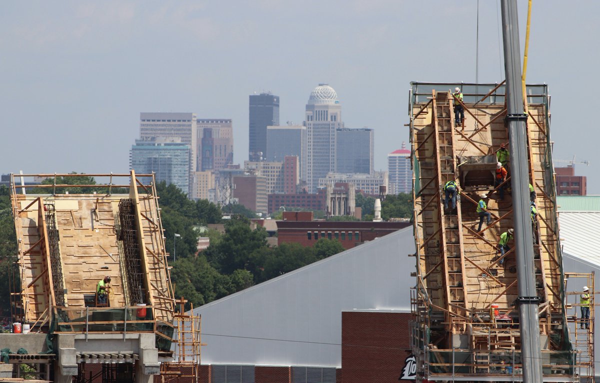 RosserSports's tweet photo. No time to enjoy the magnificent view of downtown Louisville when you're working concrete way up in the upper deck!  #comingfullcircle https://t.co/rKfxB90nUH