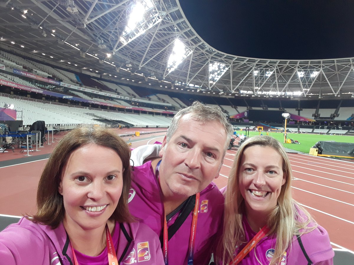 PearceIntSport's tweet photo. Our field of play team enjoying the action @London2017 @shelleyw #Nicole #Cavan #PressOperations @ParaAthletics Ready to rock this session https://t.co/drWD2TMC9w