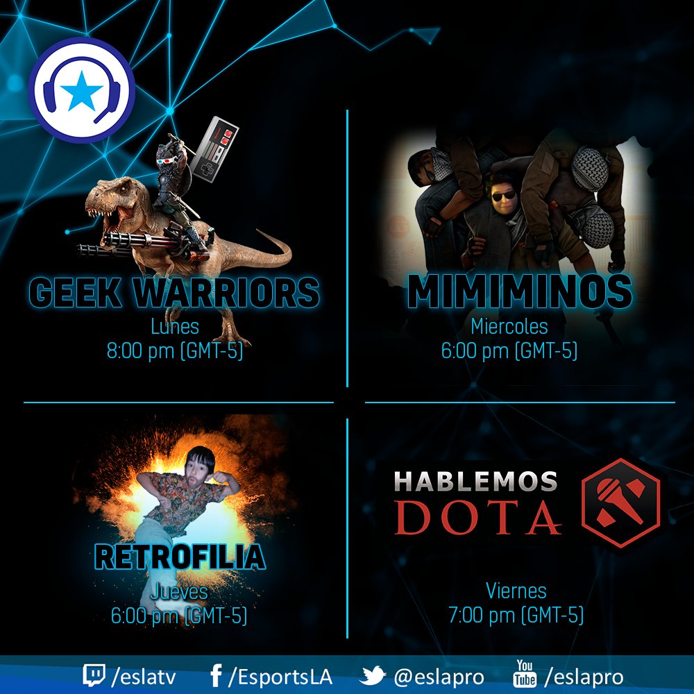 Asi queda el cronograma de las transmisiones de las proximas semanas no se lo pierdan solo por:
twitch.tv/eslatv
