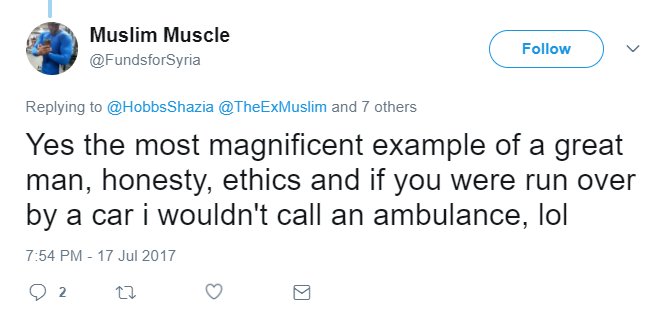 @FundsforSyria @HobbsShazia @TheExMuslim @sorandarbani @Ciaan16 @A__Aims @ExMuslimMormon @eudaimonism100 @getbehindbrexit @TRobinsonNewEra Another example of a heartless shit from the Islamic world.
Shame on you.