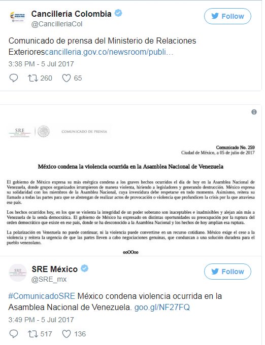 Watcher_Ven's tweet photo. #5Jul / Gobiernos de Panamá, México, España, Colombia, Brasil y el Pdte del Parlamento Europeo rechazaron agresión a la Asamblea Nacional https://t.co/LPE9dTJI0H