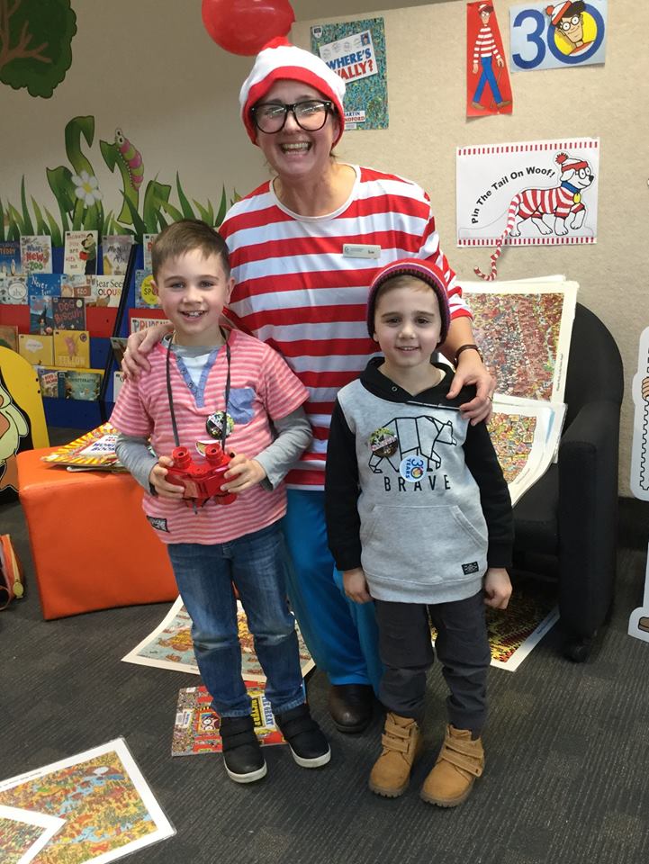 ColacLibrary's tweet photo. some of our Where's Wally school holiday 30th Anniversary program attendees who dressed in red &amp; white with our Wally @WalkerBooksAus thanks https://t.co/a5TpcA4xzi