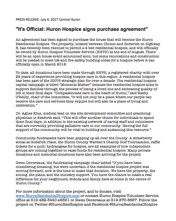HuronRezHospice's tweet photo. It's official - we have secured the proposed HR site located between Clinton and Goderich! Words cannot explain how excited we are! https://t.co/94PwWfBP5x
