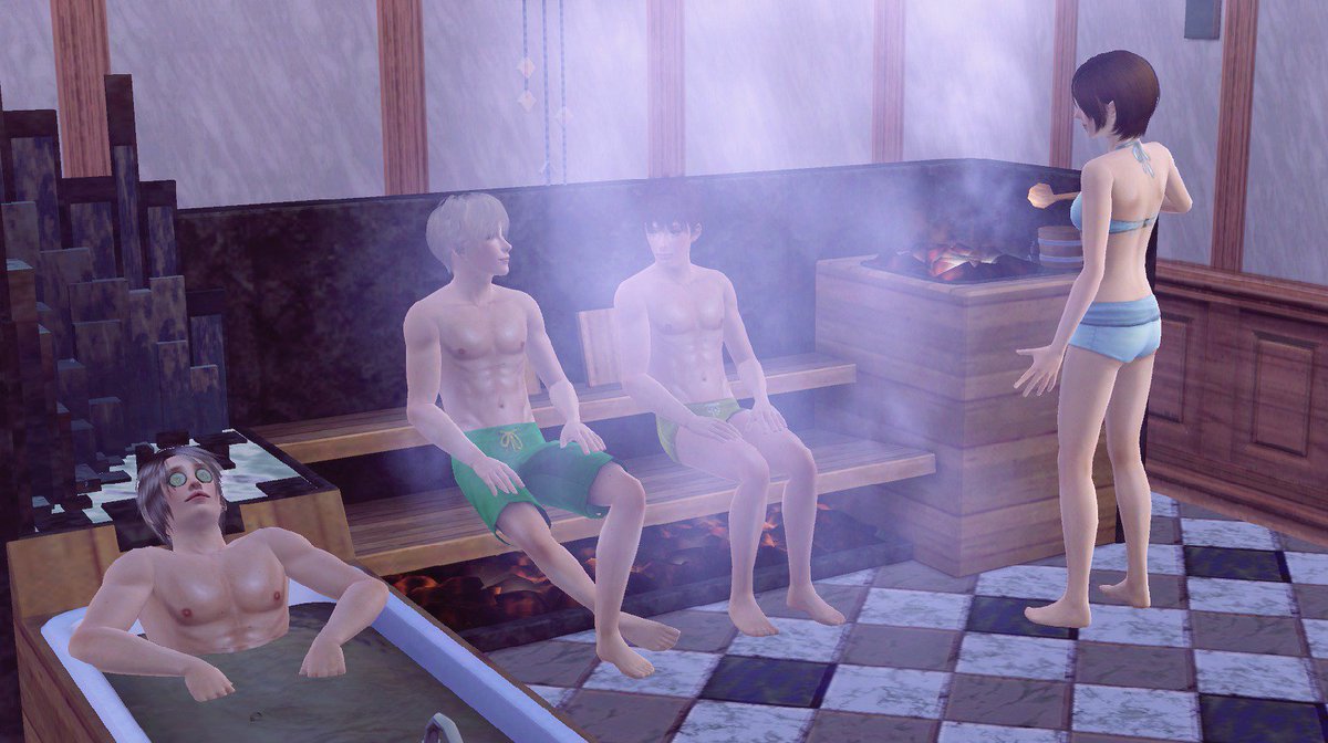 DrBox_Sims's tweet image. 남태평양에 놀러온 겹사돈의 신혼여행 일지 (6)
그리고 그렇게 신혼여행의 마지막 밤에는 해변가에 있는 간이 사우나에서 넷이 옹기종기 모여 여흥을 즐긴다. 야마토는 일 때문에 지친 피부를 달래기 위해 머드팩 하는 중 😂😂