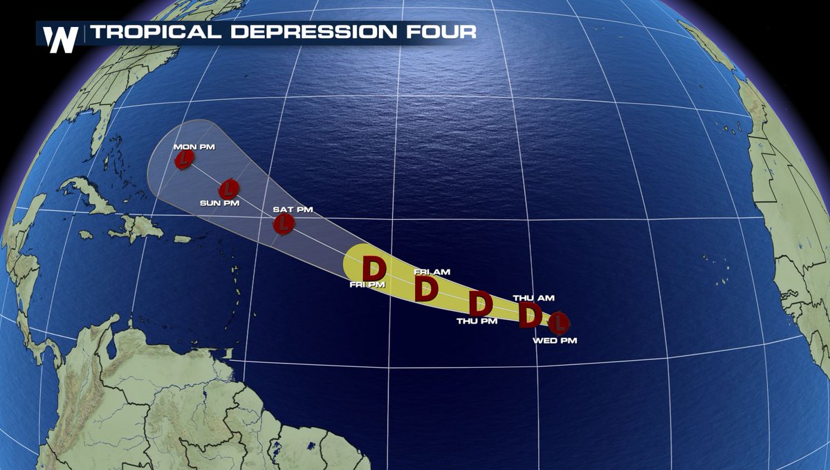 We now have Tropical Depression Four in the #Atlantic; it's not expected to reach tropical storm strength in the next several days #tropics