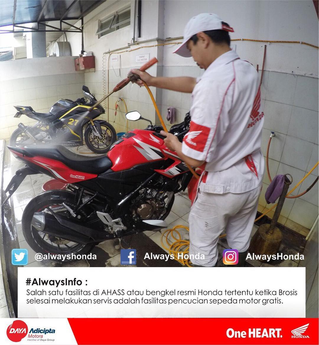 alwayshonda's tweet photo. Salah satu fasilitas di AHASS tertentu ketika brosis selesai melakukan servis adalah fasilitas pencucian sepeda motor gratis. #AlwaysAHASS https://t.co/hUVxzXQPEY