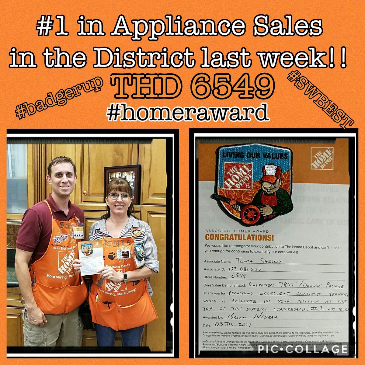 Feeling proud! After 4 wks in D70 I have made it 2 the #1 Appl. Sales Specialist in the District! #homeraward #swbest #thehomedepot #thd6549