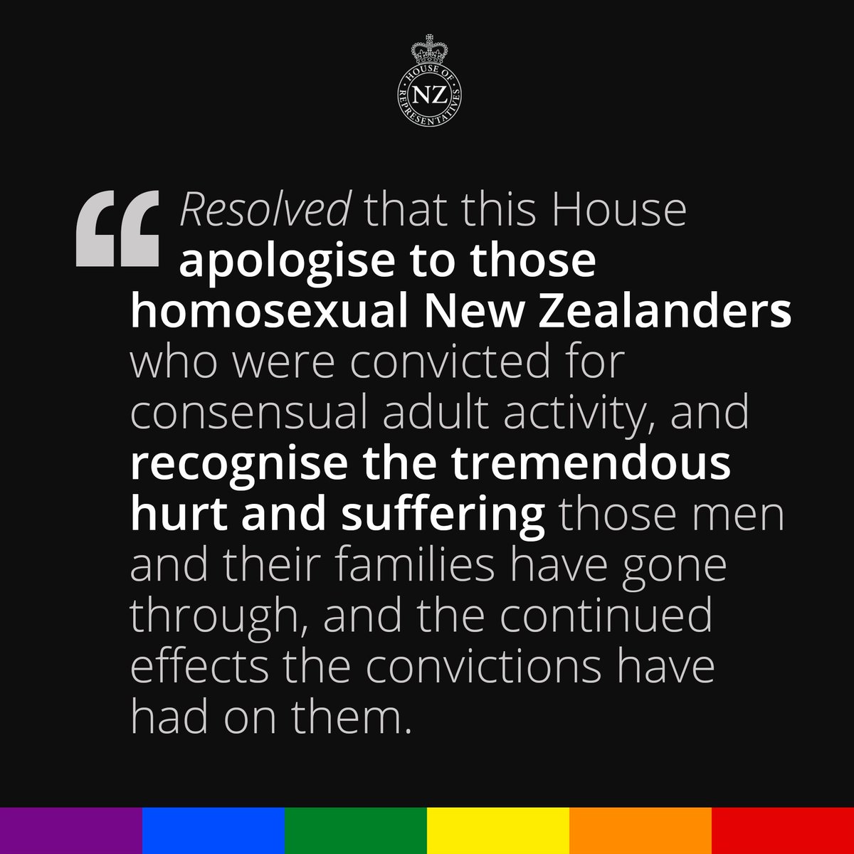 NZParliament's tweet photo. Today the House unanimously passed a motion apologising to homosexual New Zealanders convicted for consensual adult activities. 🏳️‍🌈🇳🇿 https://t.co/D8DErK34qc