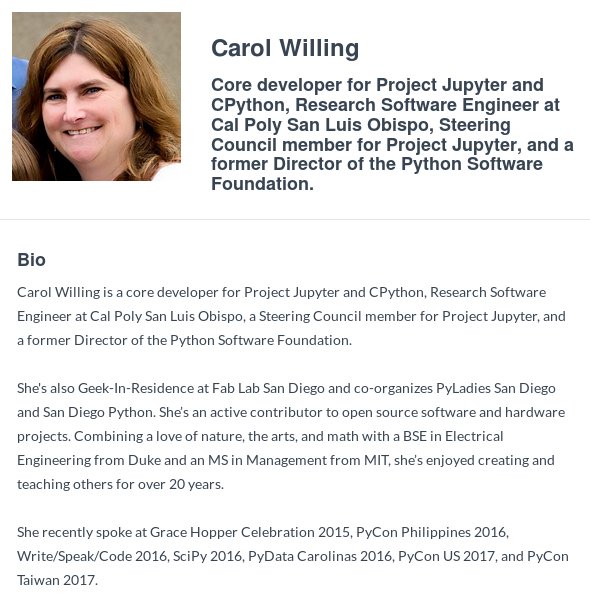 pyconpl's tweet photo. Meet another of our #PyConPL2017 keynote speakers - Carol Willing (@WillingCarol) #python 🐍🇺🇸 https://t.co/WLLhzw12kC