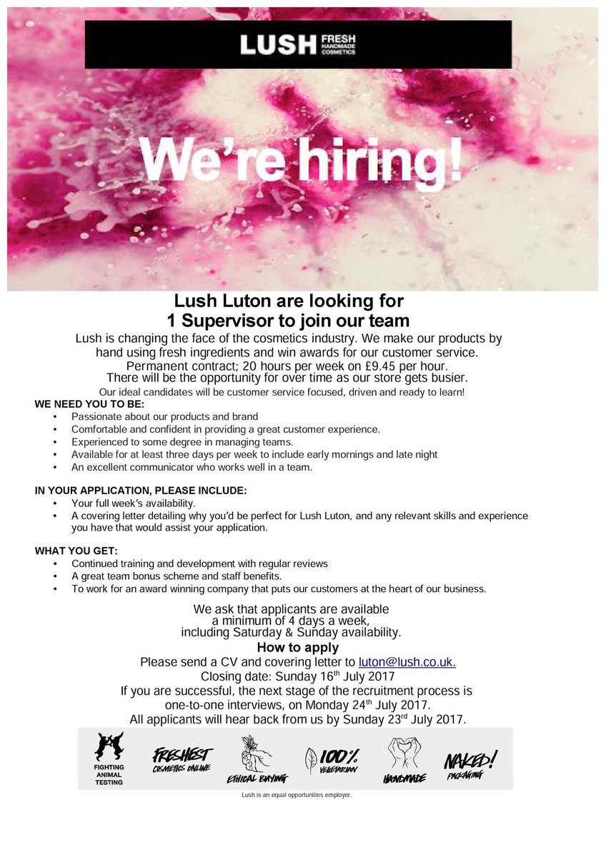 Lushluton's tweet photo. Ever fancied a career at Lush? We're looking for a Supervisor here in Lush Luton! See our ad for more details! https://t.co/gWJHWQOLHI