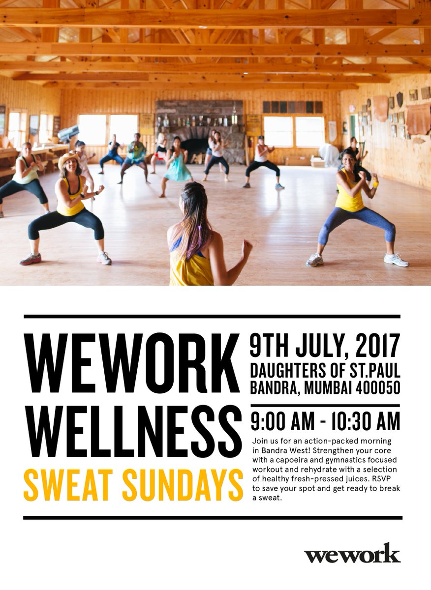 WeWorkIndia's tweet photo. WeWork Wellness: Sweat Sundays is coming to Mumbai! RSVP to save your spot: https://t.co/Egadz8t9TA
#weworkwellness https://t.co/PbeRna09tY
