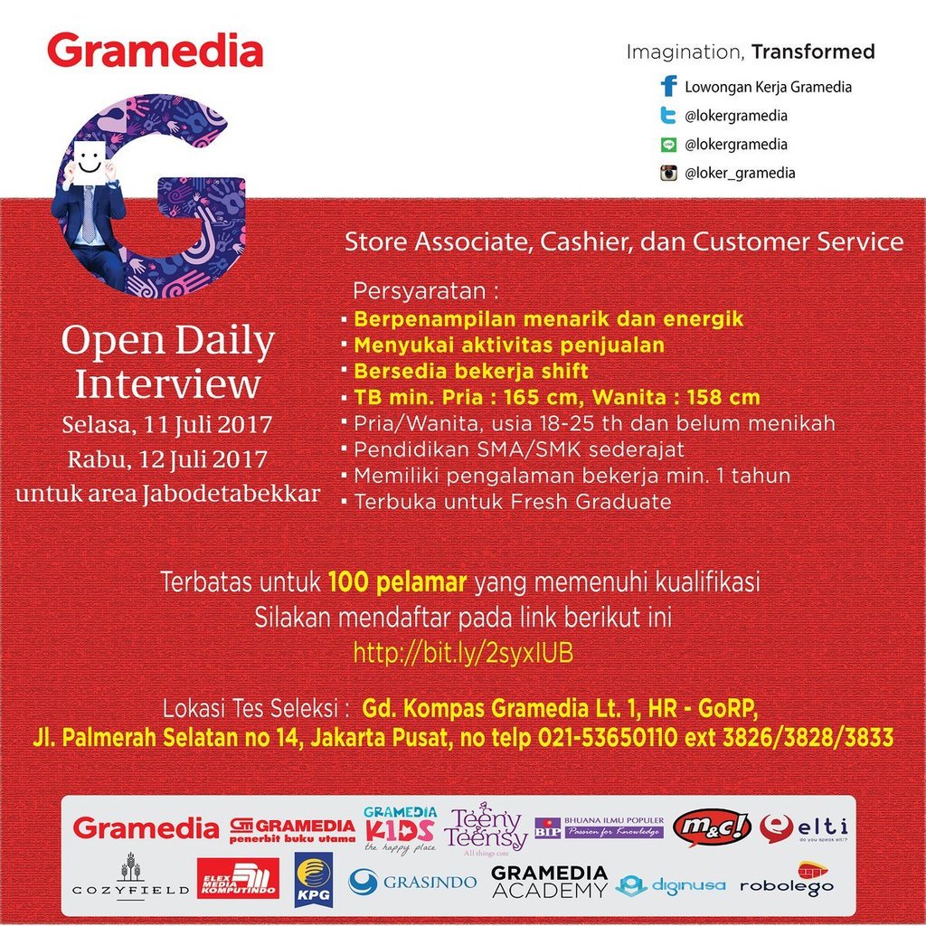 LokerGramedia's tweet photo. #Opendailyinterview area Jabodetabekkar, silakan daftar di https://t.co/4edpRJvpQS https://t.co/C6aSARRTOy